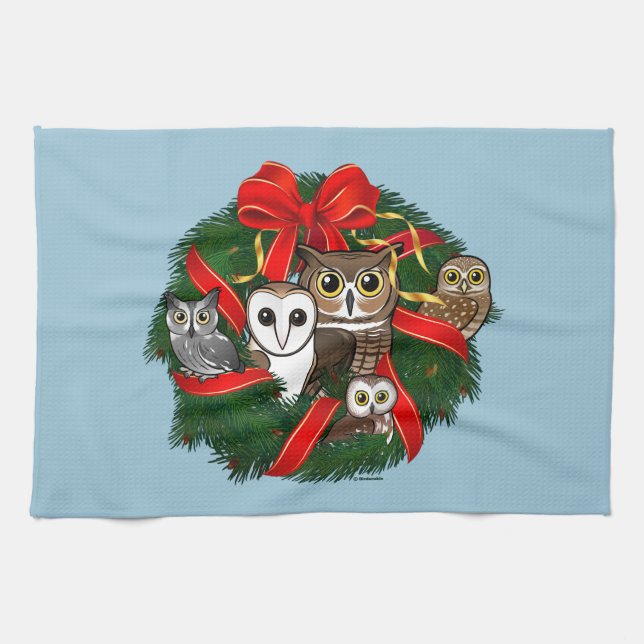 Birdorable Owls Christmas Wreath Kitchen Towel (Horizontal)