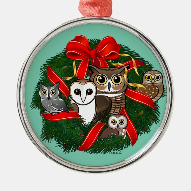 Birdorable Owls Christmas Wreath Metal Ornament (Front)
