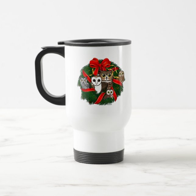 Birdorable Owls Christmas Wreath Travel Mug (Left)