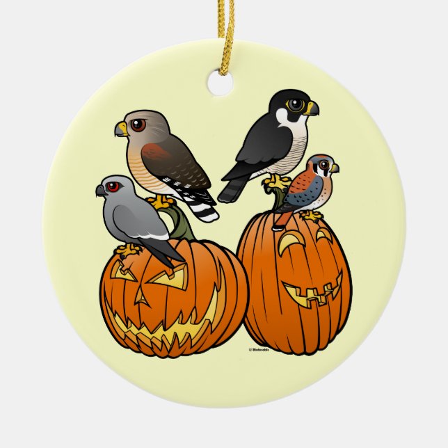 Birdorable Raptors on Pumpkins Ceramic Ornament (Front)