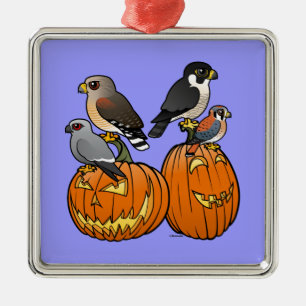 Birdorable Raptors on Pumpkins Metal Ornament