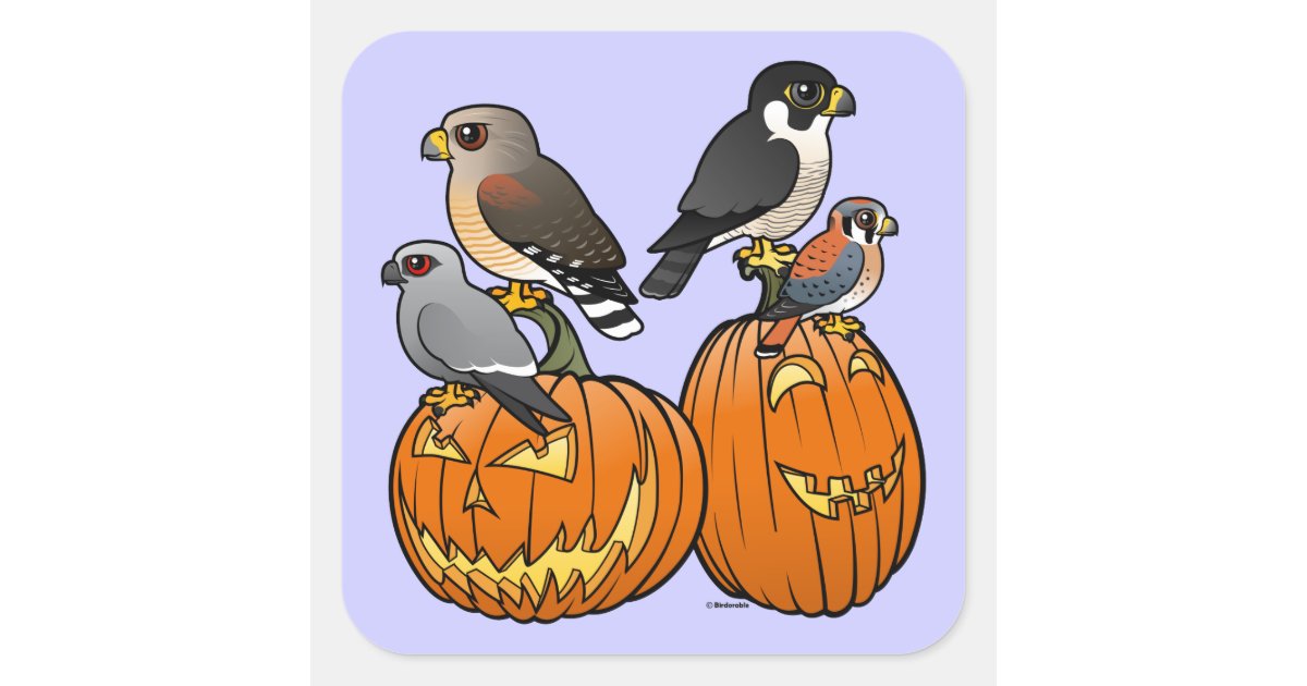 Birdorable Raptors on Pumpkins Square Sticker | Zazzle