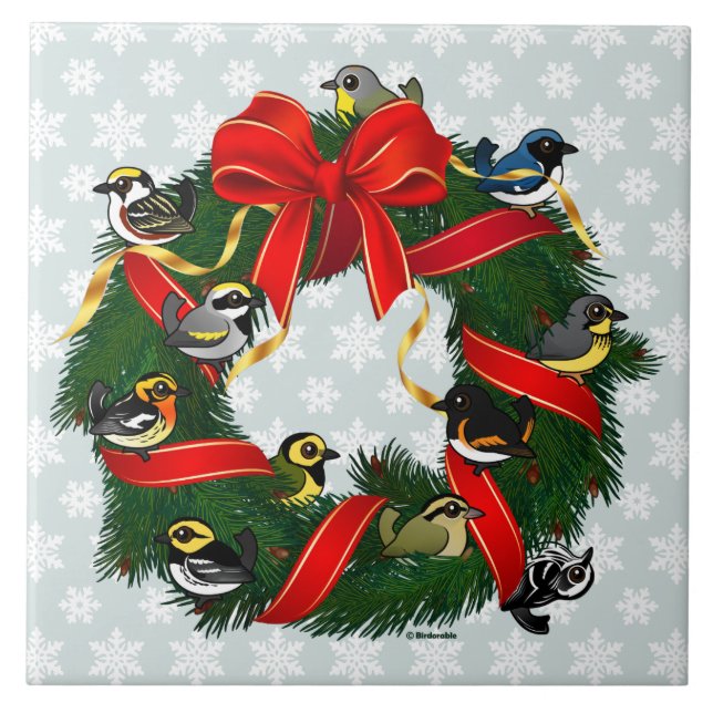 Birdorable Warblers Christmas Wreath Ceramic Tile (Front)