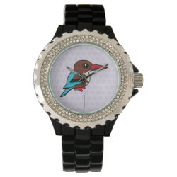 White-throated Kingfisher Women's Rhinestone Black Enamel Watch