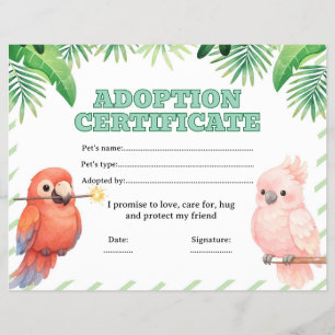 Birds adopt a pet certificate editable flyer