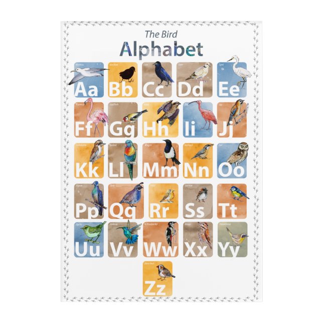 Birds alphabet acrylic print (Front)