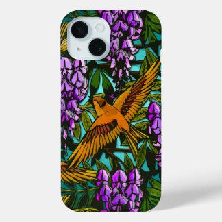 Birds Amidst The Wisteria - Monogrammed iPhone 15 Case