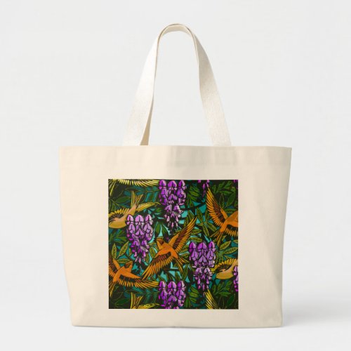 Birds Amidst Wisteria Large Tote Bag
