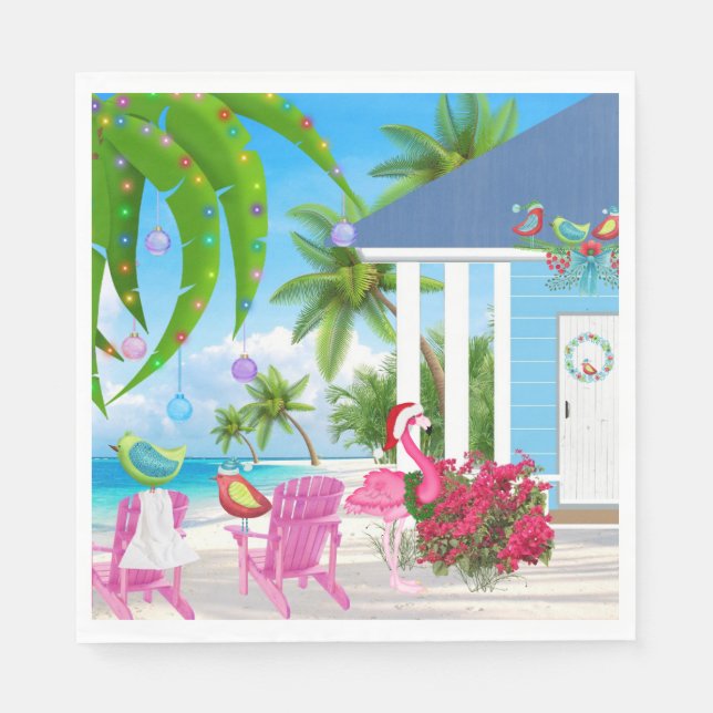 Birds and Beach House Tropical Christmas Holiday Napkins (Front)