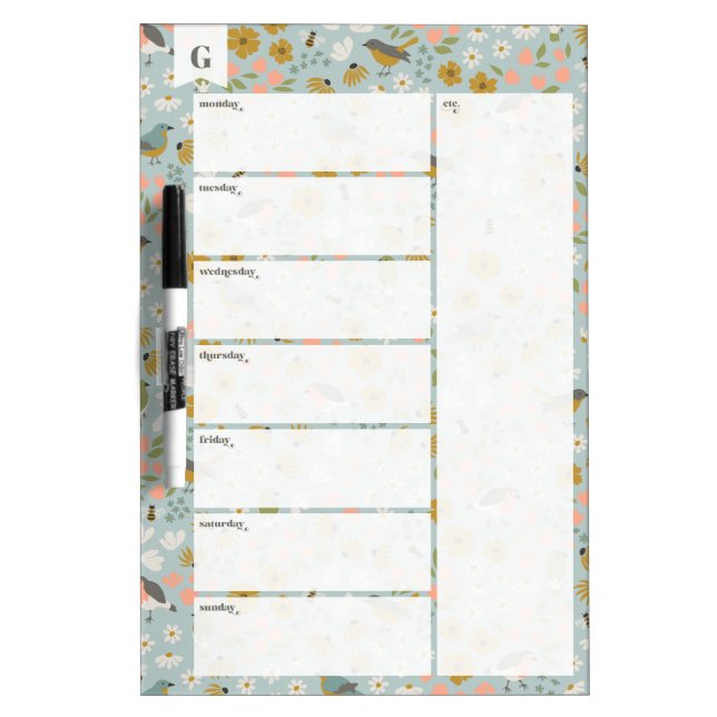 Birds and Bees Floral Monogram Weekly Calendar Dry Erase Board (Front)
