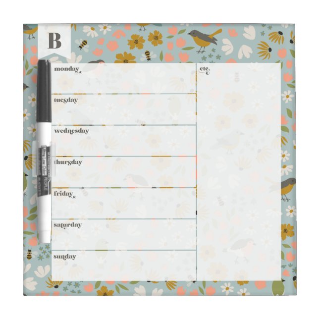 Birds and Bees Floral Weekly Calendar Dry Erase Board (Front)