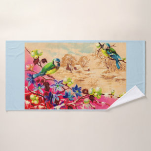 birds and berries print bath towel