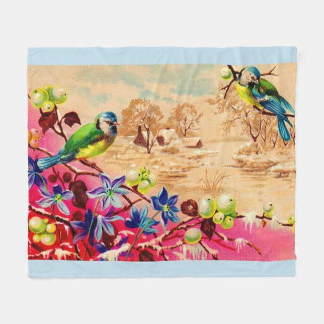birds and berries print fleece blanket (Front (Horizontal))