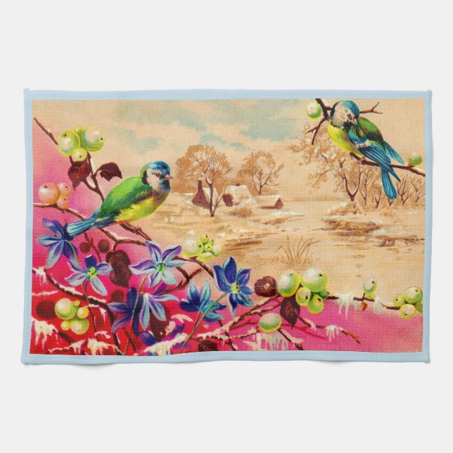 birds and berries print kitchen towel (Horizontal)