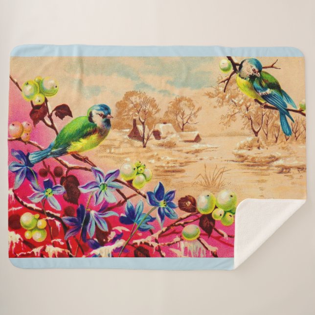 birds and berries print sherpa blanket (Front (Horizontal))