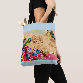 birds and berries print tote bag
