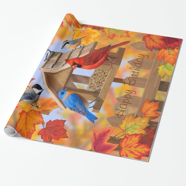 Birds and Birdfeeder Autumn Fall Colors Wrapping Paper (Unrolled)