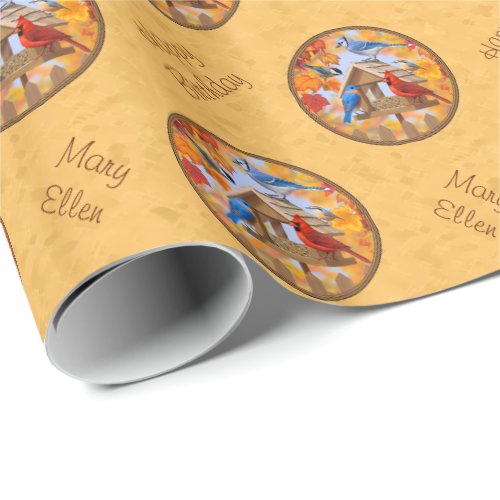 Birds and Birdfeeder Autumn Gold Wrapping Paper