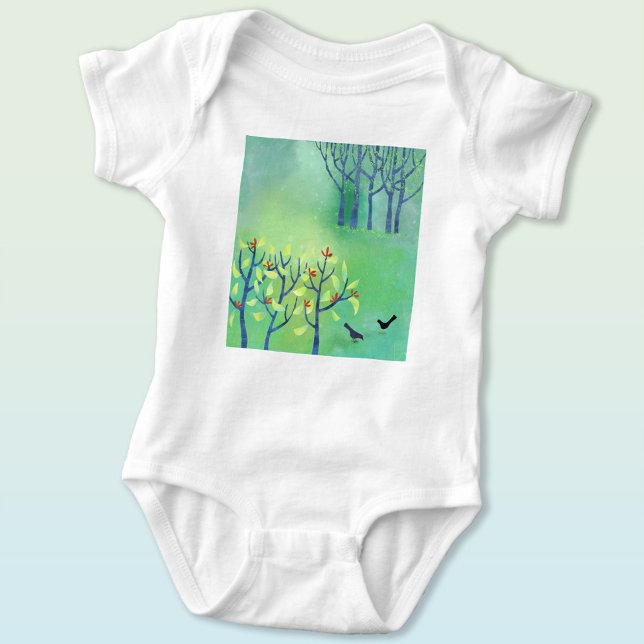 Birds and Blossom Landscape Art Baby Bodysuit (Modern landscape with birds and blossom baby bodysuit)