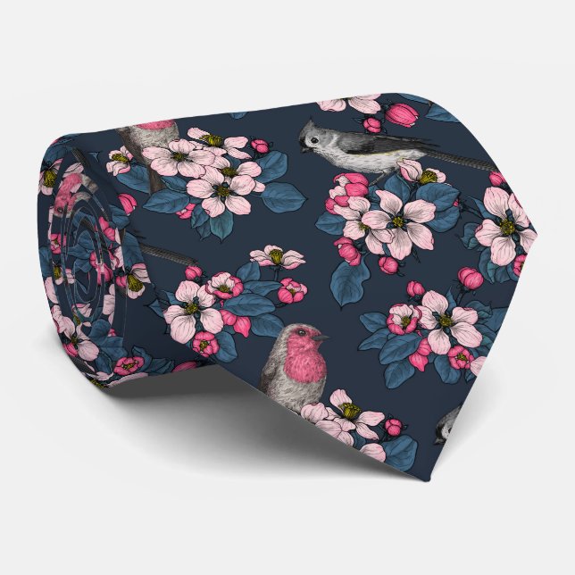 Birds and Blossoms Neck Tie (Rolled)