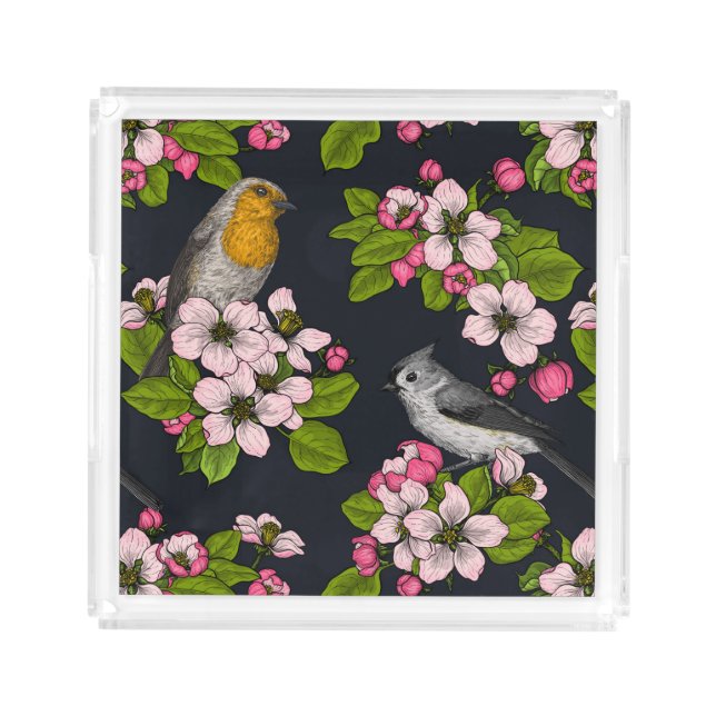 Birds and Blossoms on black Acrylic Tray (Front)