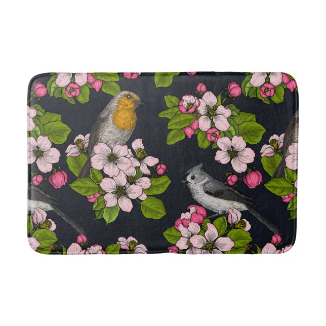 Birds and Blossoms on black Bath Mat (Front)