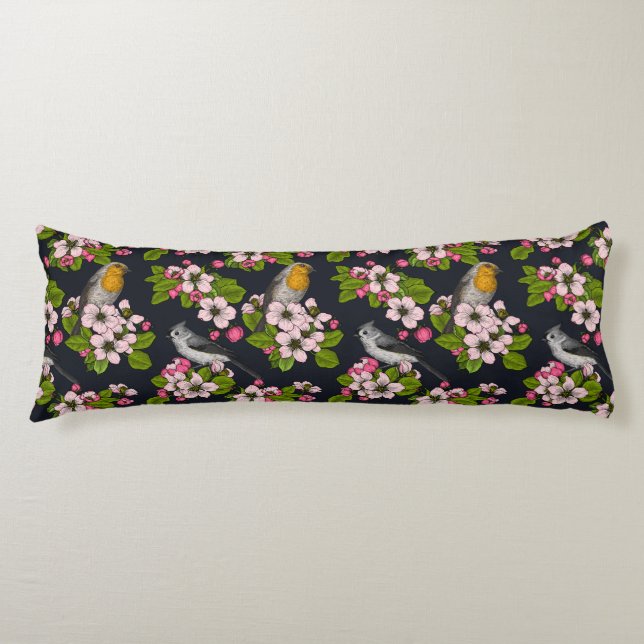 Birds and Blossoms on black Body Pillow (Front)