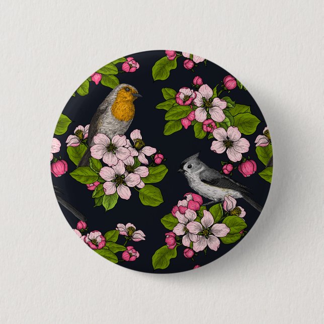 Birds and Blossoms on black Button (Front)