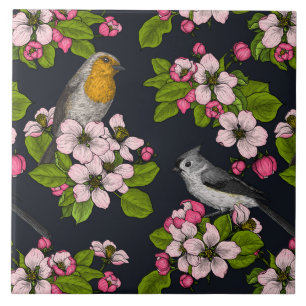 Birds and Blossoms on black Ceramic Tile