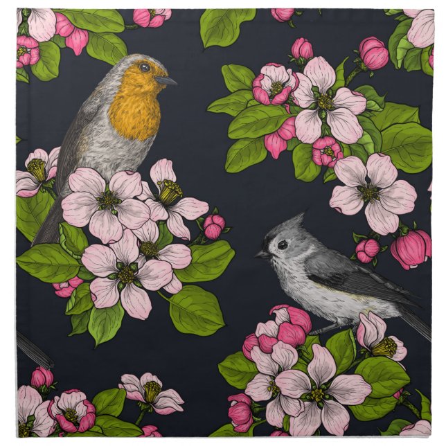 Birds and Blossoms on black Cloth Napkin (Front)