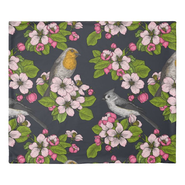 Birds and Blossoms on black Duvet Cover (Front)
