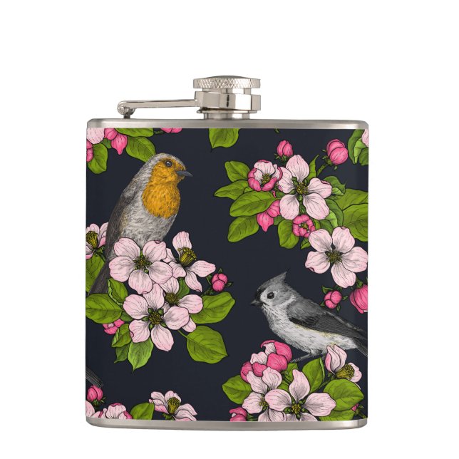 Birds and Blossoms on black Flask (Front)