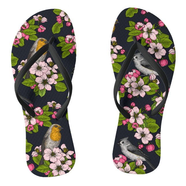 Birds and Blossoms on black Flip Flops (Footbed)