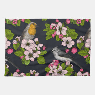Birds and Blossoms on black Kitchen Towel