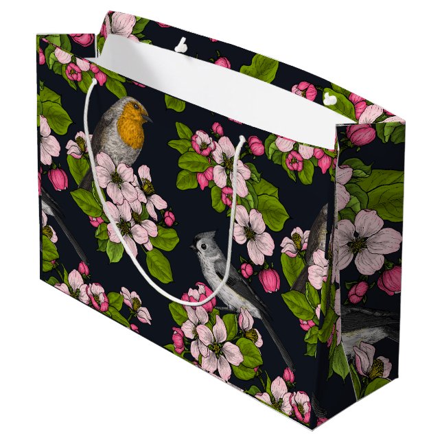 Birds and Blossoms on black Large Gift Bag (Back Angled)