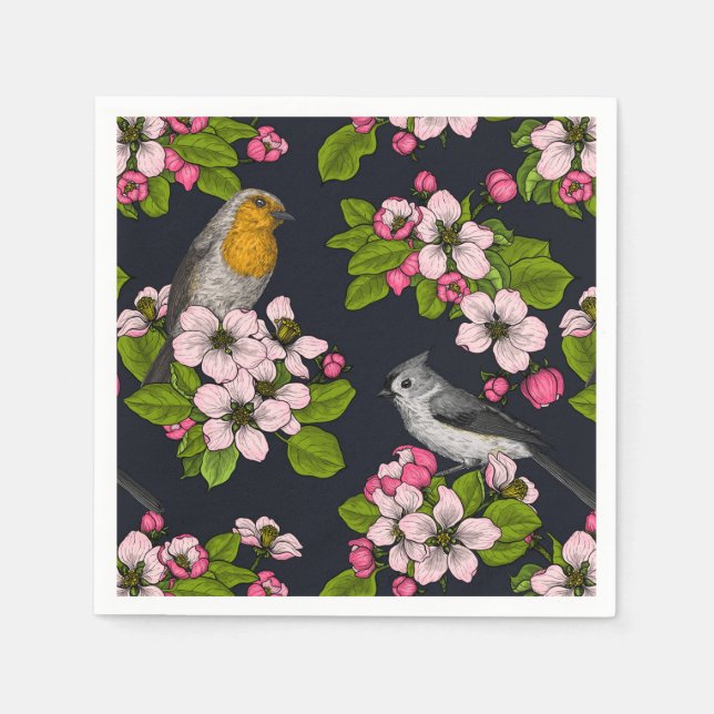 Birds and Blossoms on black Napkins (Front)
