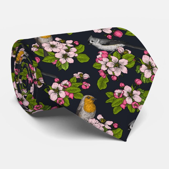 Birds and Blossoms on black Neck Tie (Rolled)