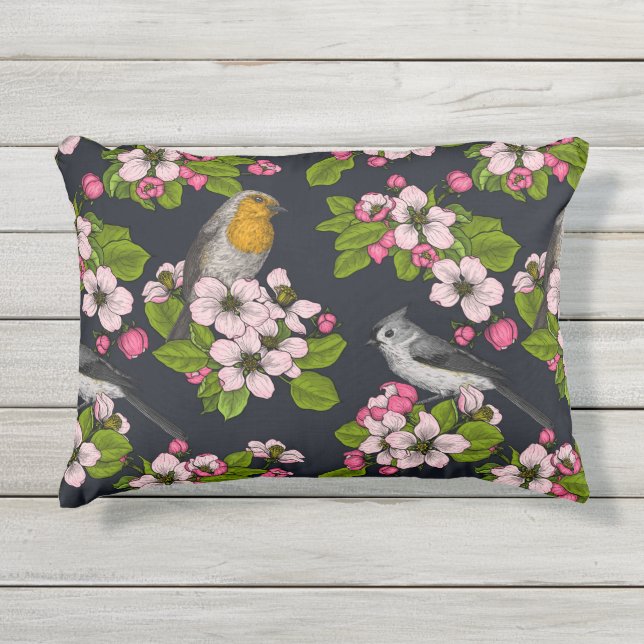 Birds and Blossoms on black Outdoor Pillow (Front)