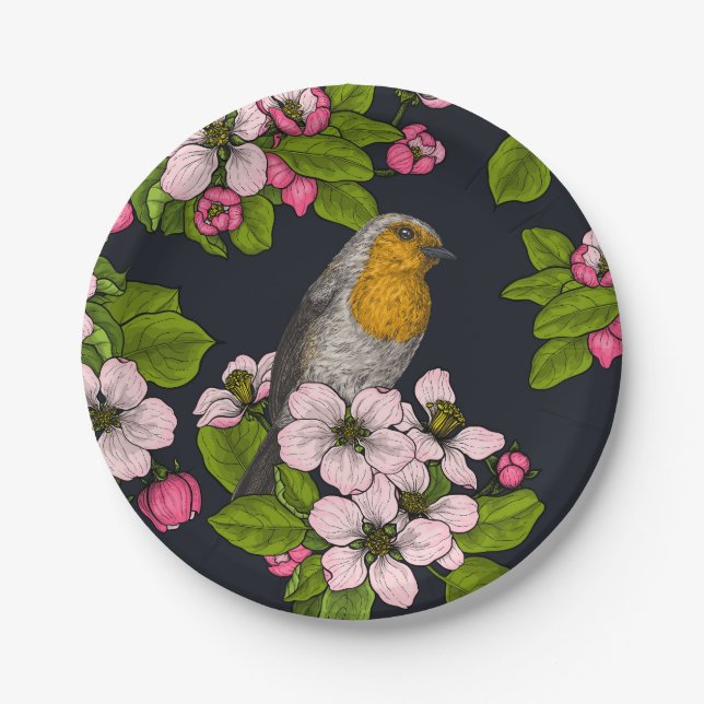 Birds and Blossoms on black Paper Plates (Front)