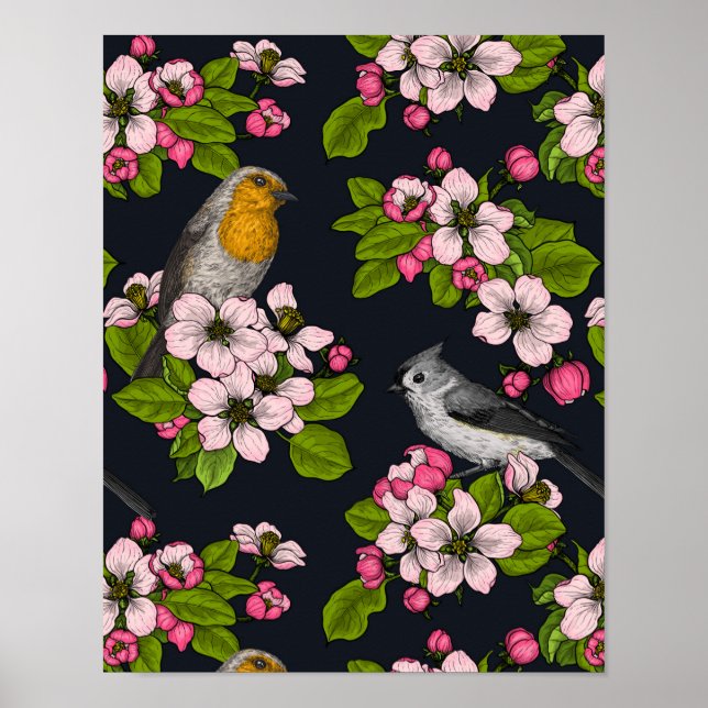Birds and Blossoms on black Poster (Front)