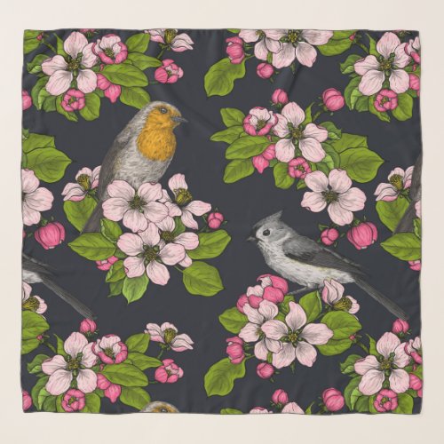 Birds and Blossoms on black Scarf