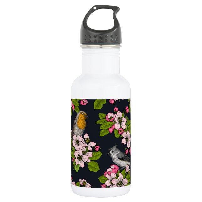 Birds and Blossoms on black Stainless Steel Water Bottle (Front)