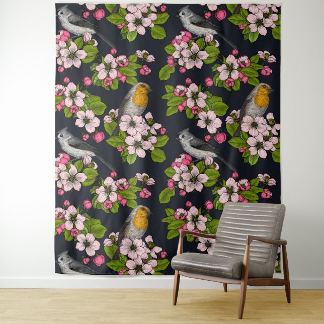Birds and Blossoms on black Tapestry (In Situ)