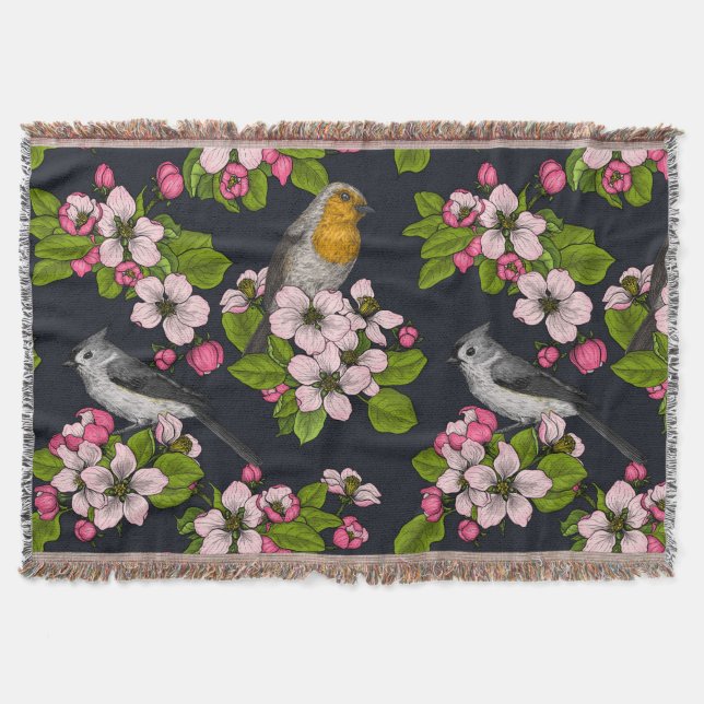 Birds and Blossoms on black Throw Blanket (Front)