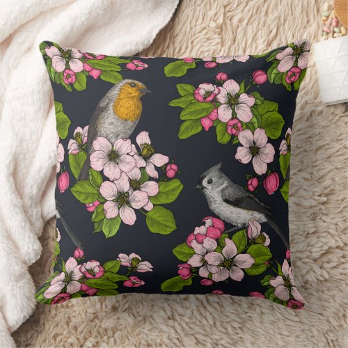 Birds and Blossoms on black Throw Pillow