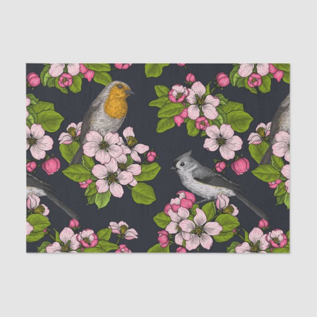 Birds and Blossoms on black Tissue Paper (Front)