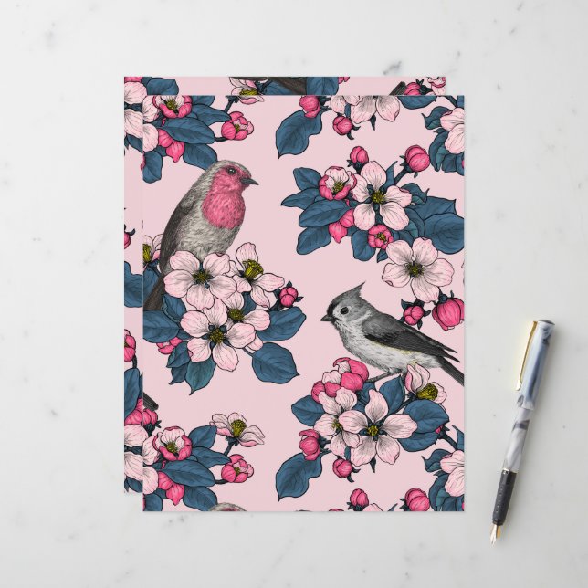 Birds and Blossoms on pink (Front/Back In Situ)