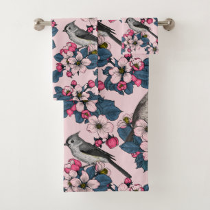 Birds and Blossoms on pink Bath Towel Set