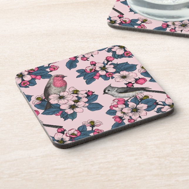 Birds and Blossoms on pink Beverage Coaster (Left Side)
