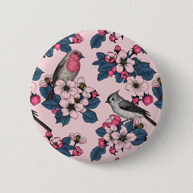 Birds and Blossoms on pink Button (Front)